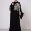 Beige Lace-Detailed VS-Inspired Print Abaya