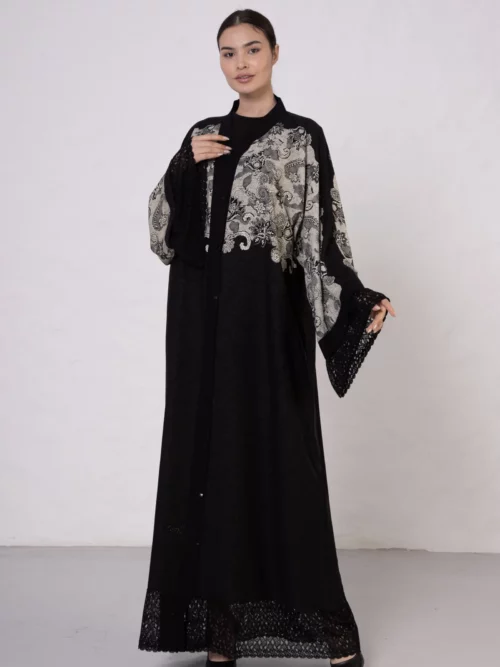 Beige Lace-Detailed VS-Inspired Print Abaya