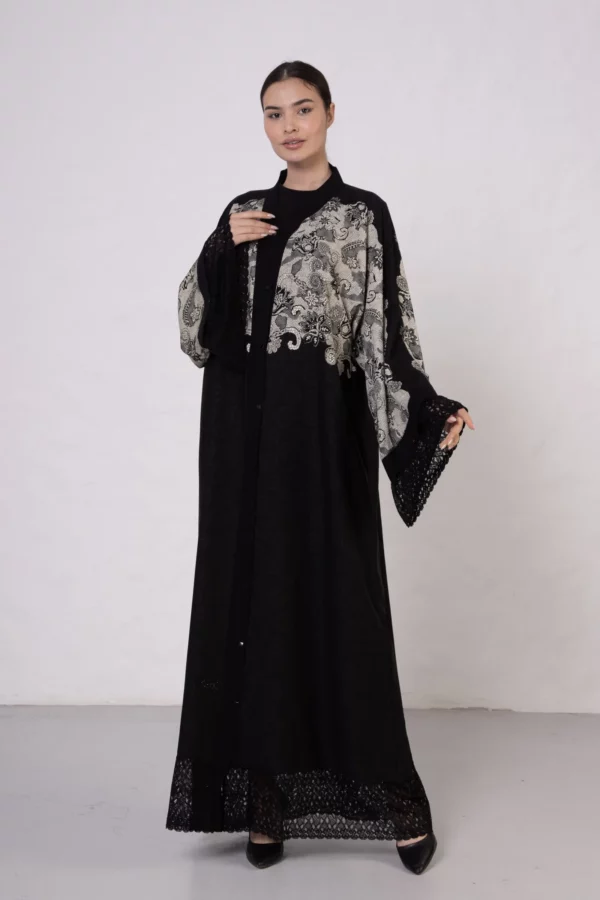 Beige Lace-Detailed VS-Inspired Print Abaya