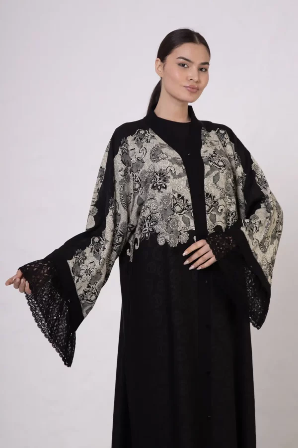 Beige Lace-Detailed VS-Inspired Print Abaya
