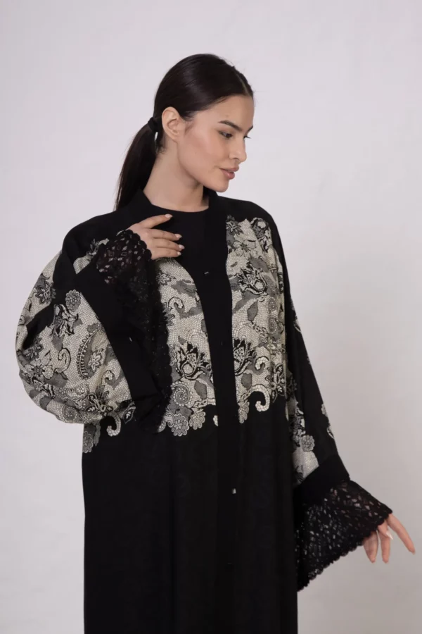 Beige Lace-Detailed VS-Inspired Print Abaya
