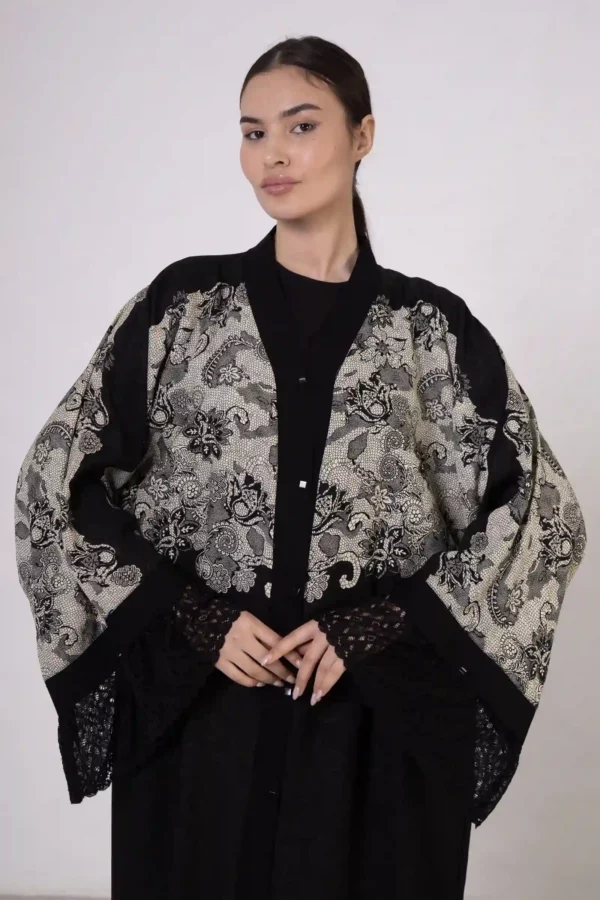 Beige Lace-Detailed VS-Inspired Print Abaya