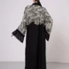Beige Lace-Detailed VS-Inspired Print Abaya