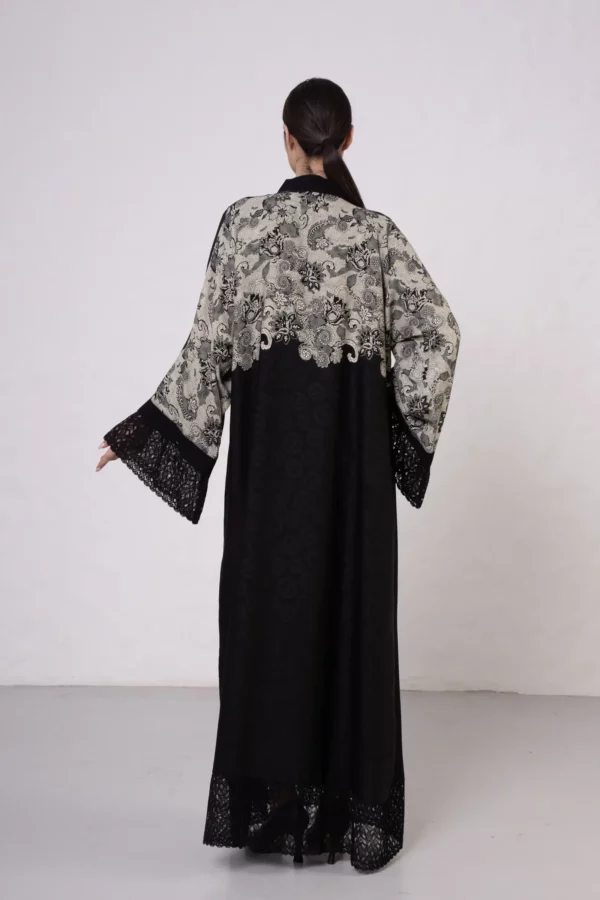 Beige Lace-Detailed VS-Inspired Print Abaya