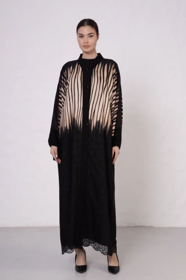 Beige Zebra Abaya with Lace Hem Detail