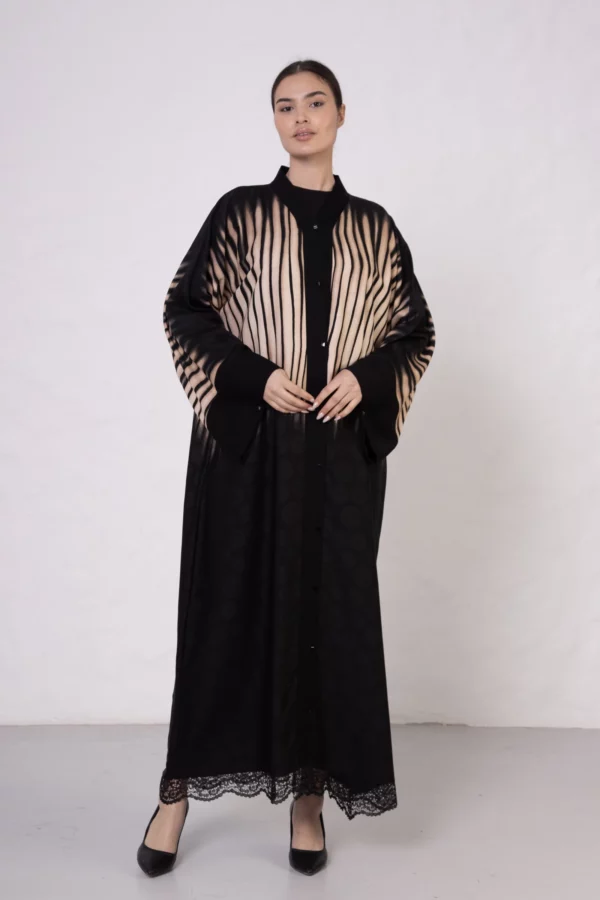 Beige Zebra Abaya with Lace Hem Detail
