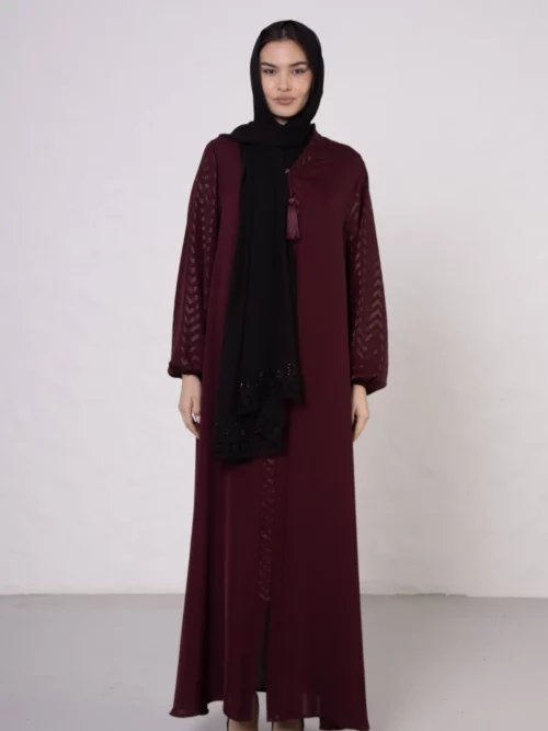 Burgundy Zigzag Pattern Abaya with Elastic Cuffs