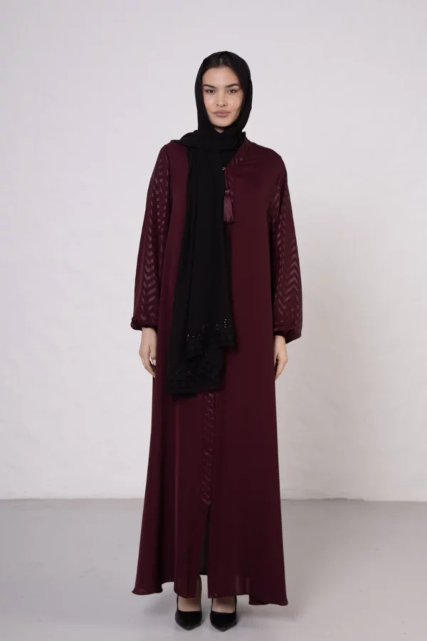 Burgundy Zigzag Pattern Abaya with Elastic Cuffs