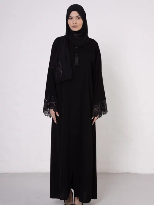 Plain Bamboo Silk Abaya with Lace and Stone Detail on Sleeves