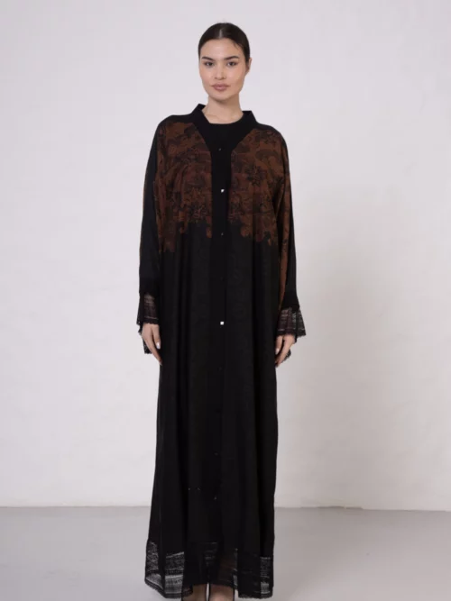 TR-541 Terracotta Lace-Detailed Vs-Inspired Print Abaya