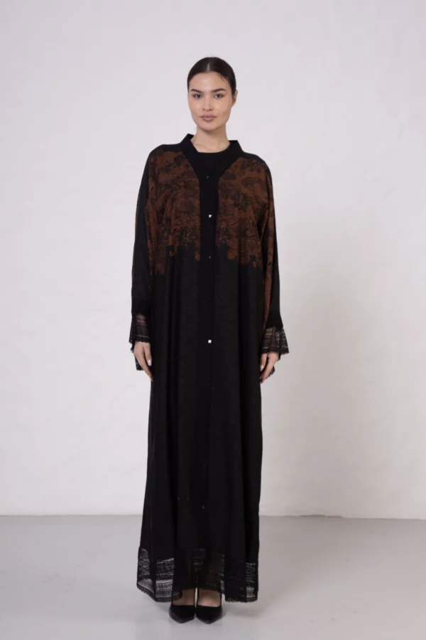 Terracotta Lace-Detailed Vs-Inspired Print Abaya