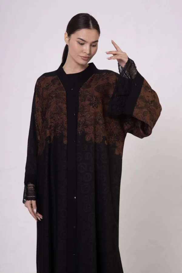 Terracotta Lace-Detailed Vs-Inspired Print Abaya