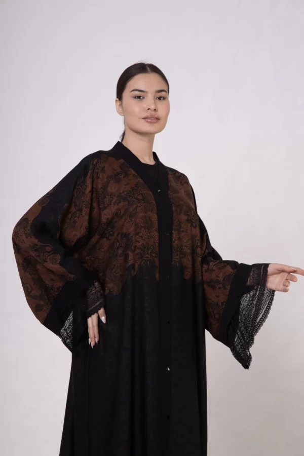 Terracotta Lace-Detailed Vs-Inspired Print Abaya