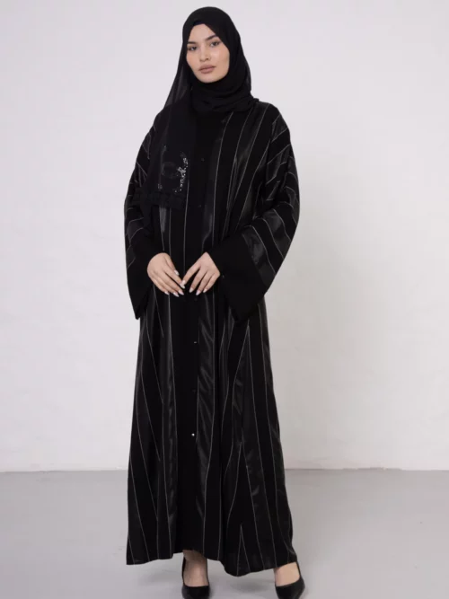 Wide Striped Abaya with White Stitching